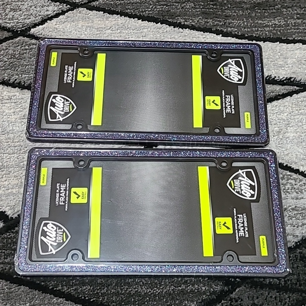 AUTO DRIVE PURPLE GLITTER METAL BLACK STANDARD FIT LICENSE PLATE FRAMES SET